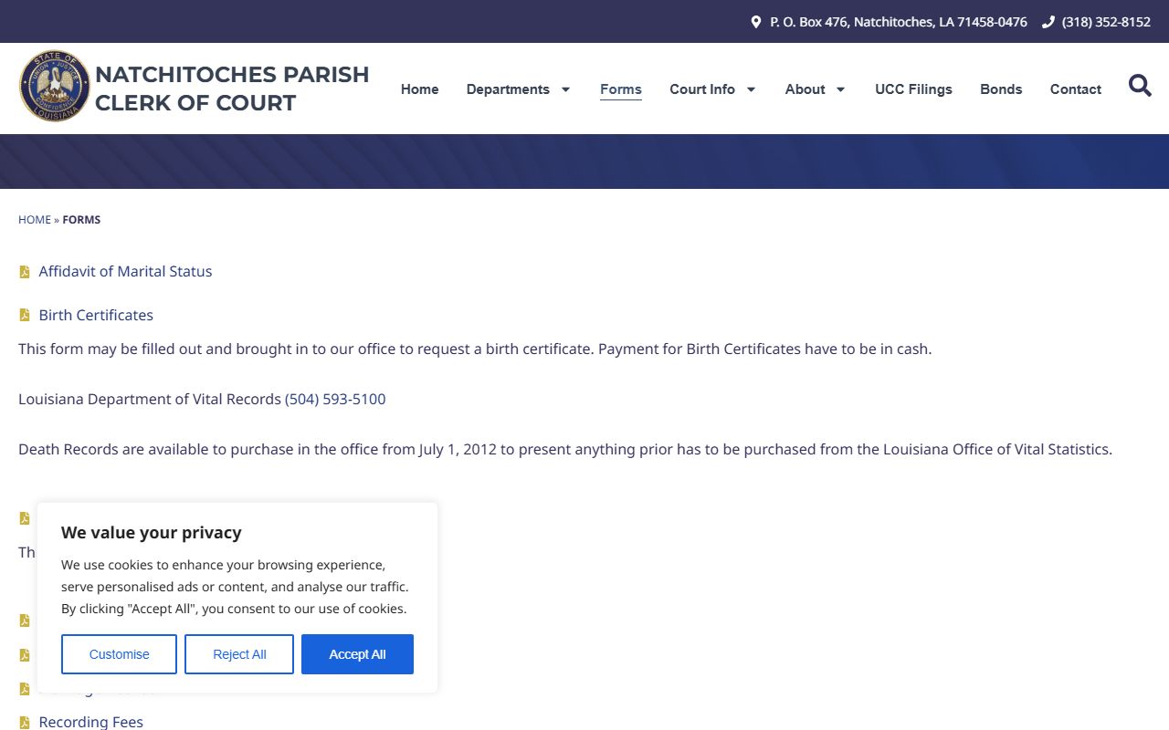 Natchitoches Parish Clerk of Court records forms page