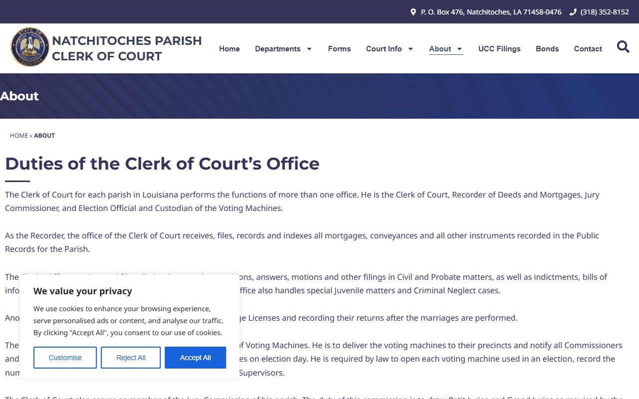 Natchitoches Parish Clerk of Court records duties and online coverage