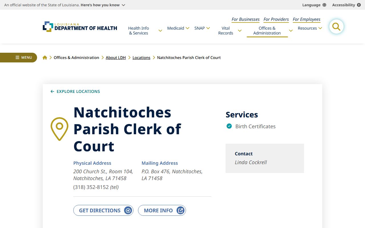 Natchitoches Parish Clerk of Court records Louisiana Department of Health directory listing