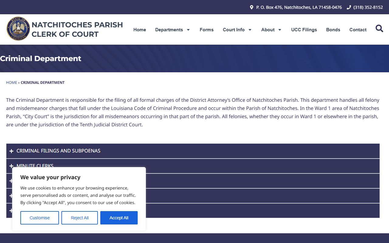 Natchitoches Parish criminal court records Criminal Department page
