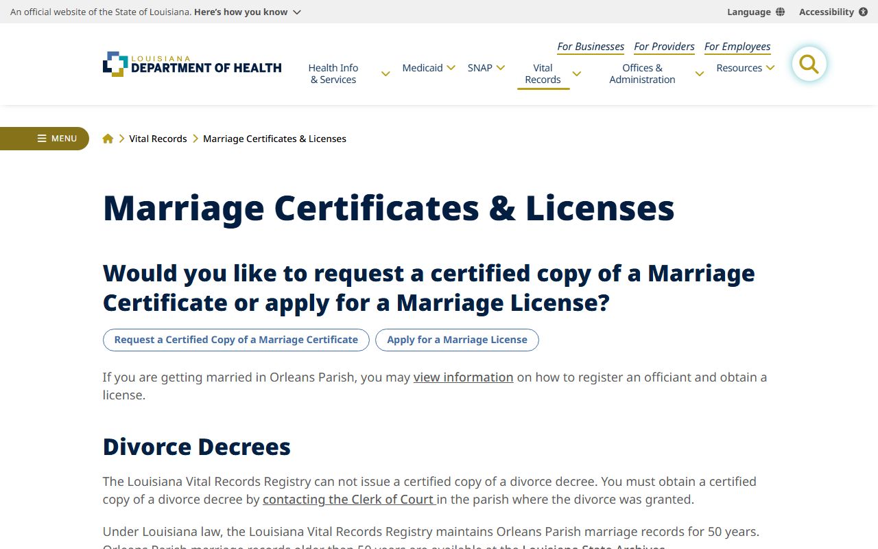 Natchitoches Parish divorce records Louisiana Department of Health marriage and divorce record guidance