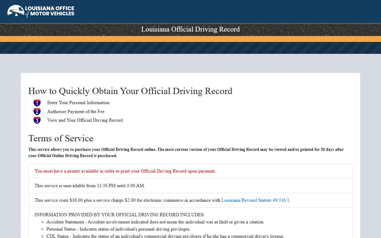 Natchitoches Parish traffic court records Louisiana OMV official driving record page